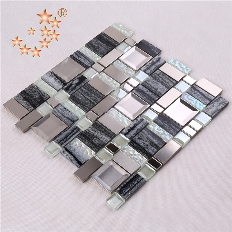 AE48 مواد البناء الفولاذ المقاوم للصدأ مزيج راتنج والزجاج والكريستال الفسيفساء TIle الديكورات المنزلية الجدران