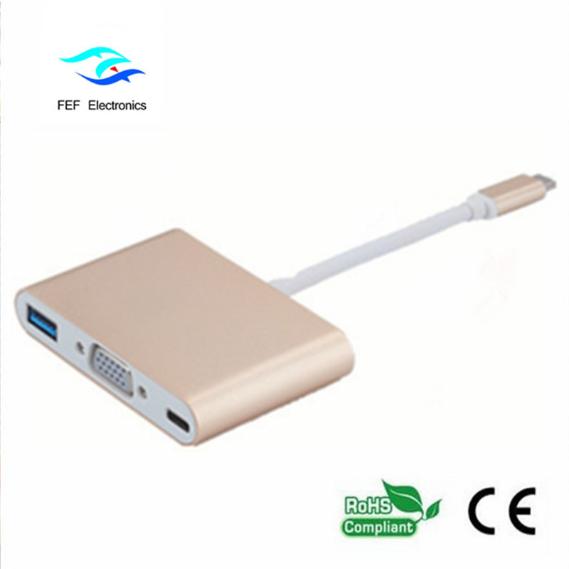 USB TYPE-C إلى USB3.0 أنثى + VGA أنثى + PD ثلاثة في واحد محول ABS قذيفة كود: FEF - USBIC-007