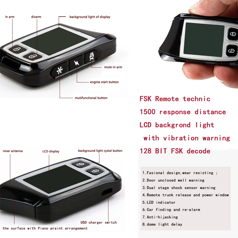 رمز المنتزع سيارة مع اثنين من FSK LCD الارسال إنذار للسيارة عن بعد 500M