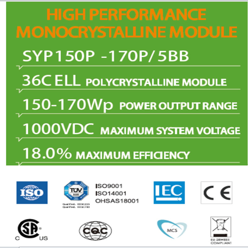 عالية الأداء وحدة أحادي العين SYP150P -170P / 5BB 36C ELL البوليسترين الوحدة