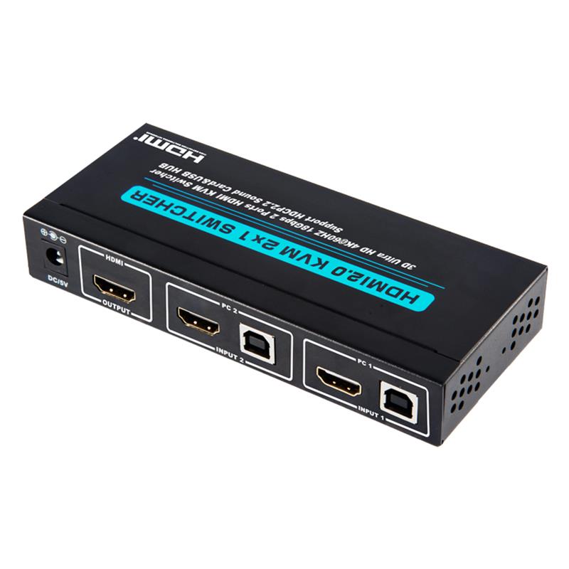 V2.0 HDMI KVM 2x1 Switch Switch دعم بطاقة الصوت فائقة الدقة بدقة 18 جيجابت في الثانية بسرعة 20 كيلو بت في الثانية و HDCP2.2 بسرعة 18 جيجابت في الثانية ومحور USB