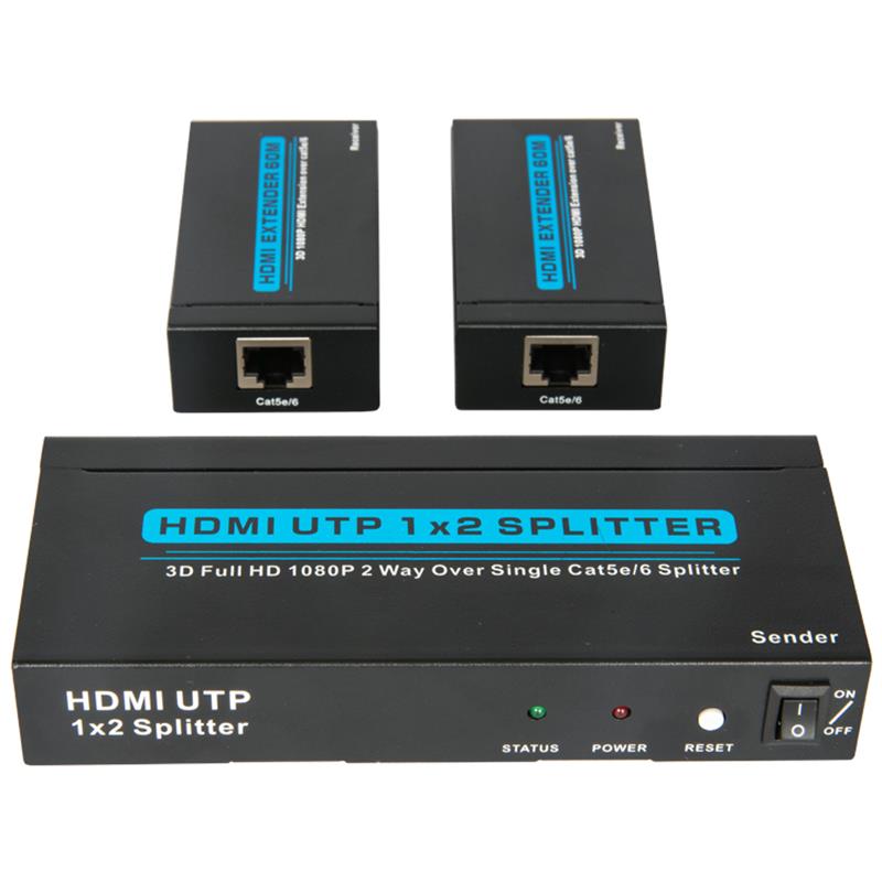 منفذان UTP HDMI 1 × 2 الفاصل على Cat5e / 6 أحادي مع مستقبلين يصلان إلى 60 مترًا