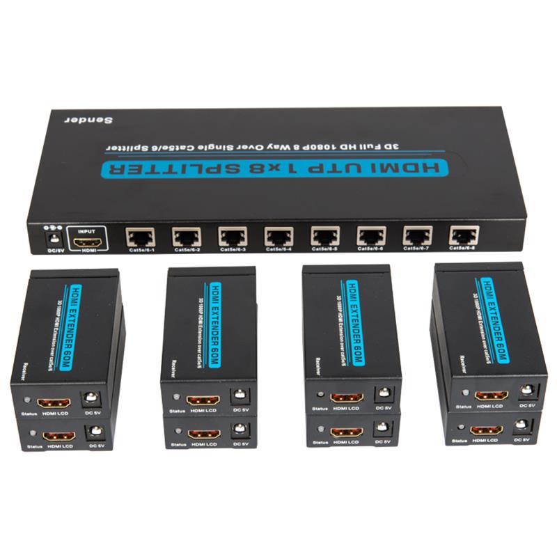 8 منافذ HDMI UTP 1x8 Splitter Over Cat5e / 6 واحدة مع 8 أجهزة استقبال حتى 60 متر