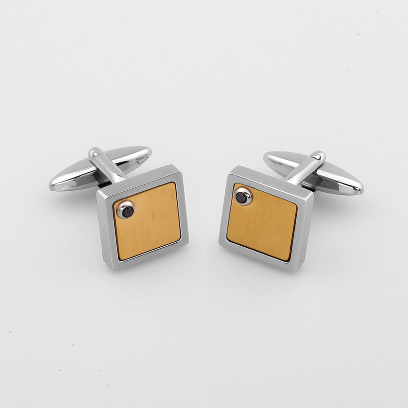 أزرار أكمام مطلية بالذهب مطلية بالذهب بلونين من الفولاذ المقاوم للصدأ بحجر تشيكوسلوفاكيا الأسود