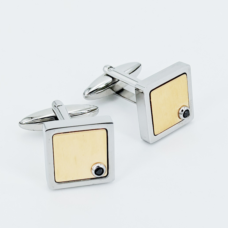 أزرار أكمام مطلية بالذهب مطلية بالذهب بلونين من الفولاذ المقاوم للصدأ بحجر تشيكوسلوفاكيا الأسود