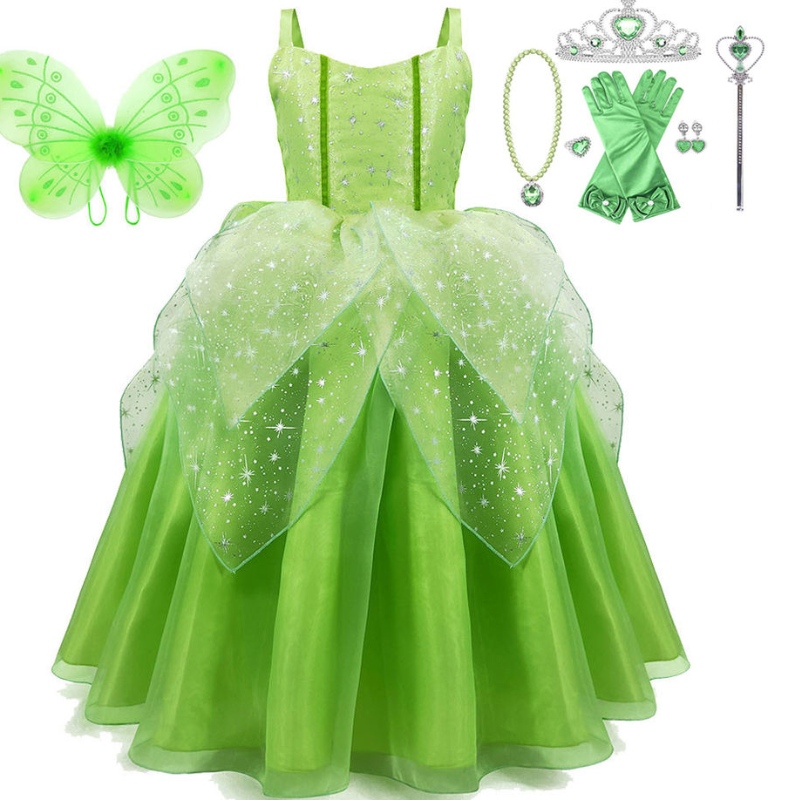 فتاة زهرة الجنية Tinker Bell Dress Up Kids Princess Girl Cosplay with Wings Halloween Assume Party Dress