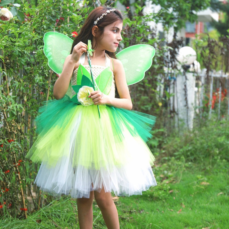 Halloween Cosplay Princess Baby Girls Party Green Flower Flower Tinker Bell Dress Assume With Butterfly Wings مجموعات