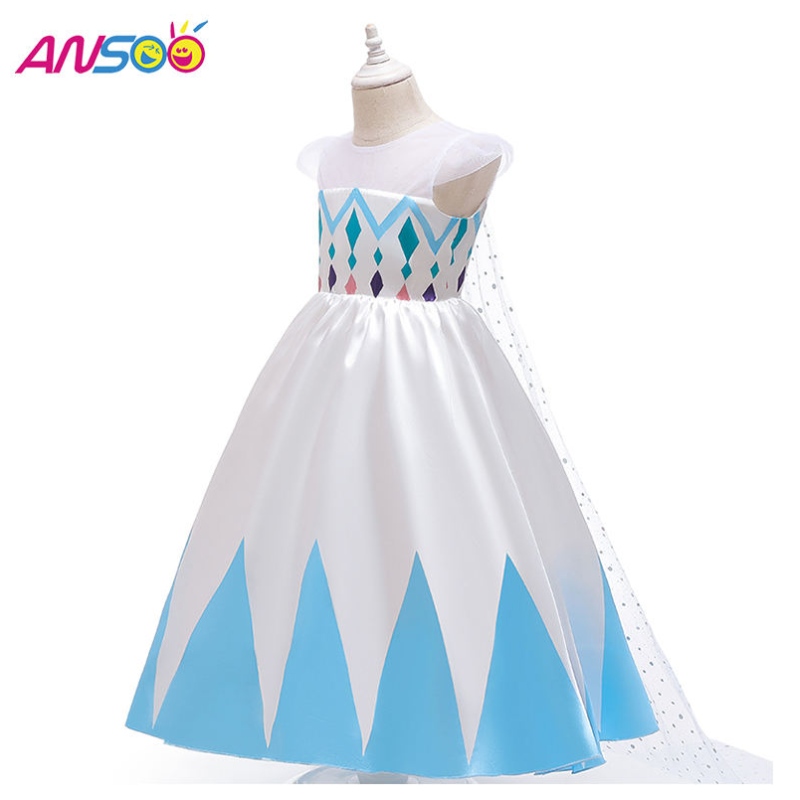 Ansoo جديد بالجملة كرتون Elsa White Princess for Girls فساتين الهالوين للأزياء للفتيات