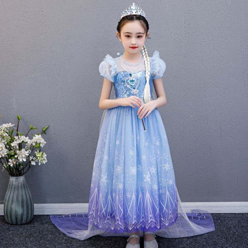 Baige 2021 New Blue Elsa Anna Girl Party Dress Cosplay Dresses Up Princess مع قلادة مصنوعة يدويًا ورأسًا طويلًا