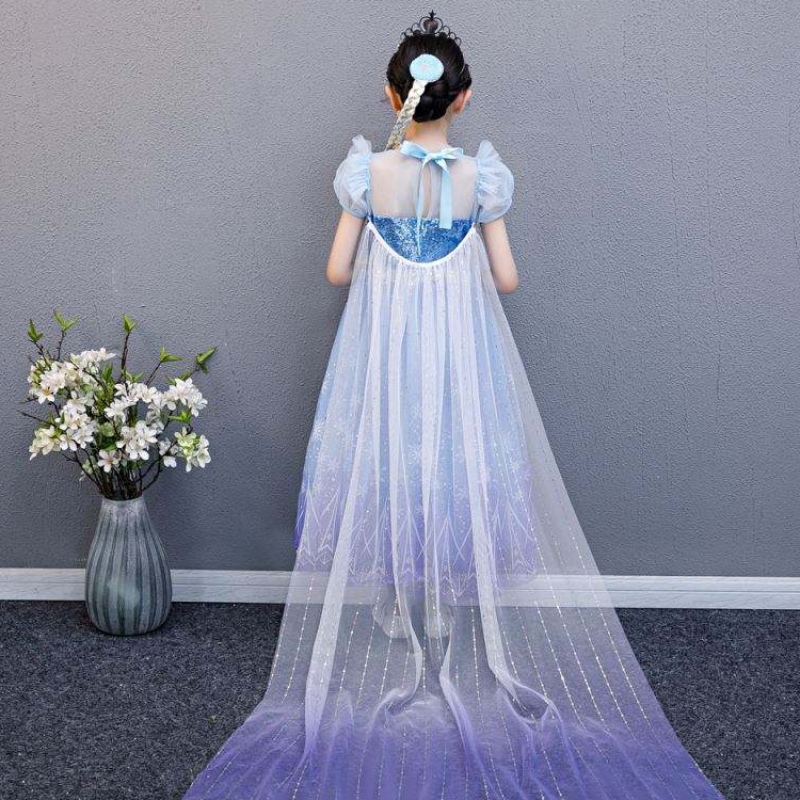 Baige 2021 New Blue Elsa Anna Girl Party Dress Cosplay Dresses Up Princess مع قلادة مصنوعة يدويًا ورأسًا طويلًا