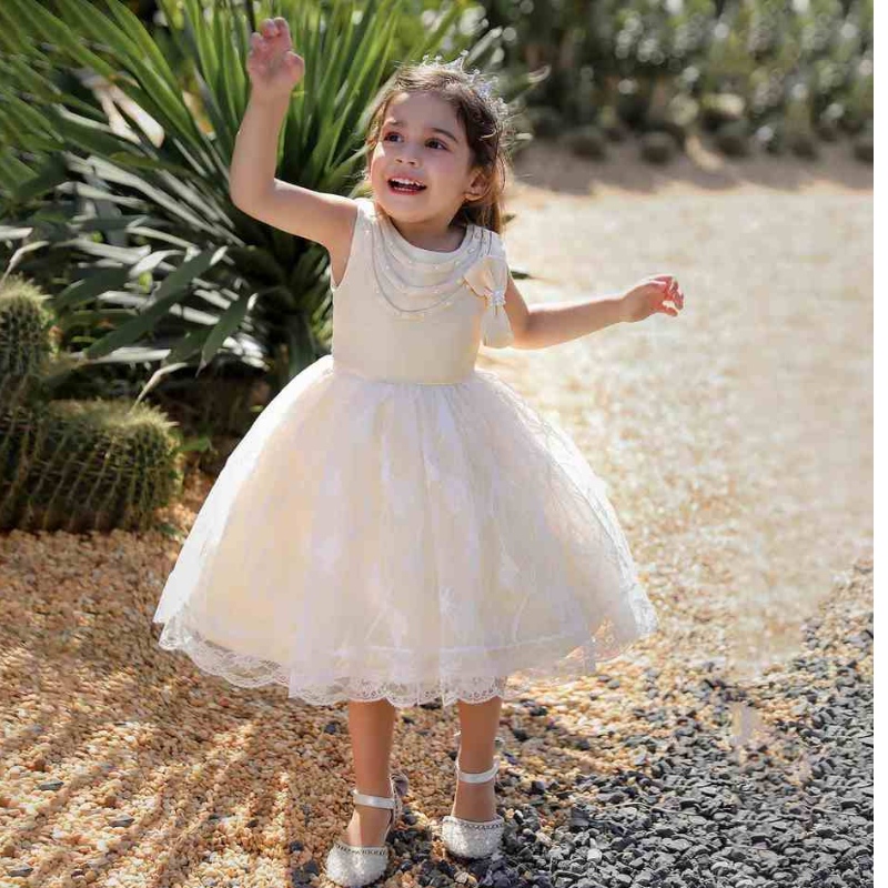 Baige Beaded Bow Knot Party Dress for Girl طفلة فستان الأميرة