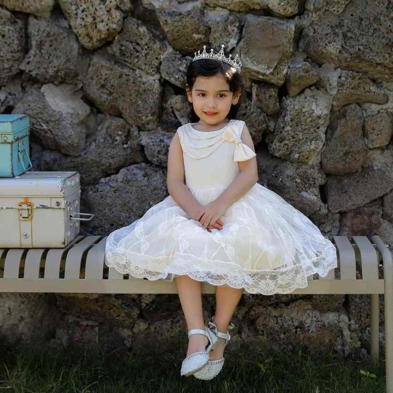 Baige Beaded Bow Knot Party Dress for Girl طفلة فستان الأميرة