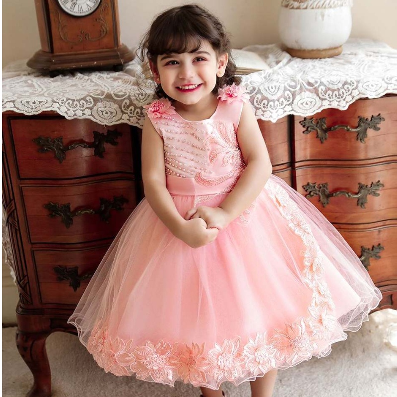 Baige Amazon Hot Sale Newborn Baby Girl Pink Dress Flower Girls Birthdy Party Dress N2111