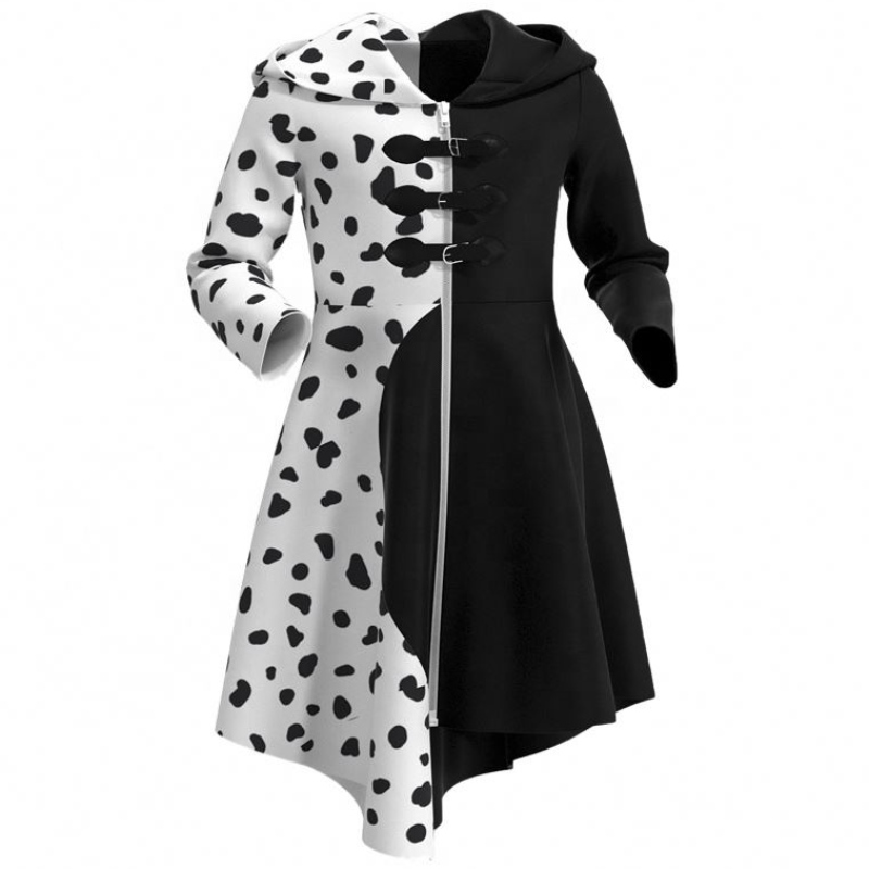 Deluxe Dress Up for Tweens Female Scense Deville Cocktail Cosplay Party Black White Dalmatians Cruella Coat For Halloween