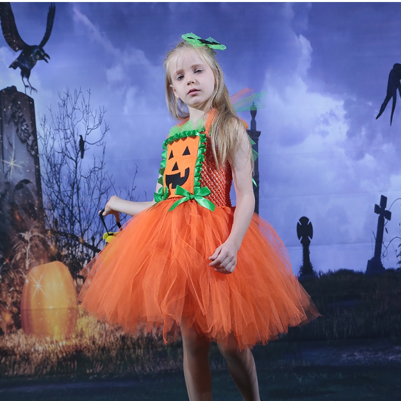 Amazon Hot Selling Kids Girl Halloween Dress Pumpkin Mesh Tulle Tutu Dress