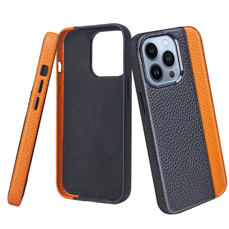 Apple iPhone 14Pro Phone Phone Leather Case ، 360 درجة حماية شاملة ، وألوان عصرية مطابقة للهاتف المحمول الأسود/orane ، وأزرار معدنية حساسة ودائمة