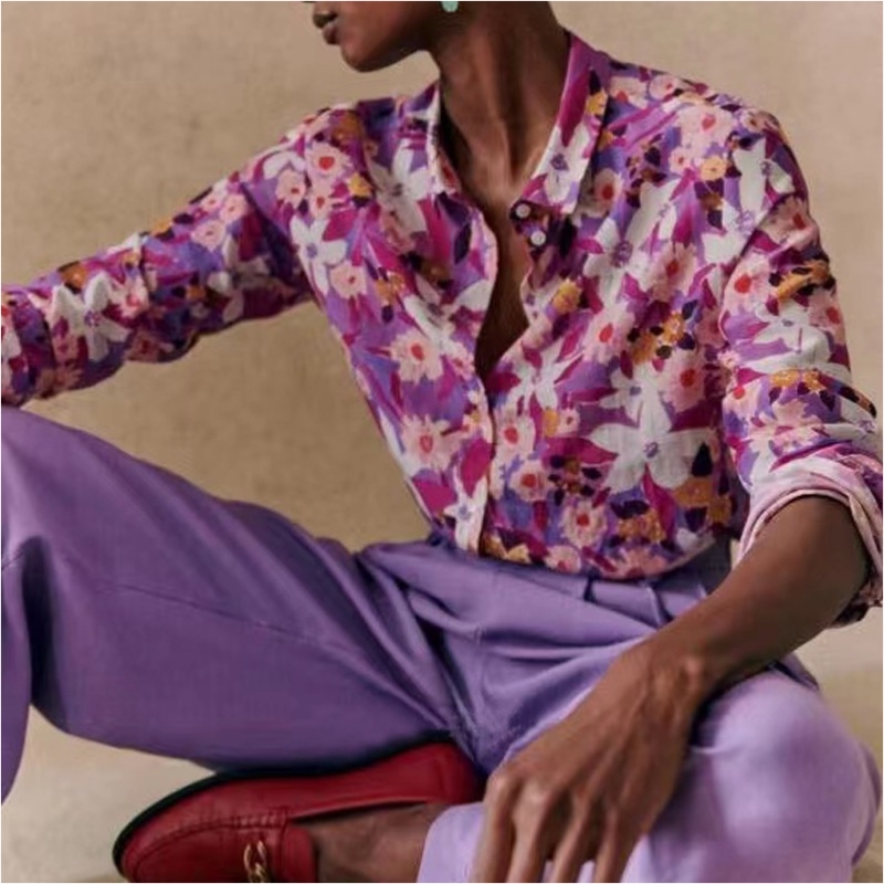 نيو فرنسي الأنيق النمط المطبوع يتدفق من الحرير والقطن مزج قميص رفيع طويل الأكمام