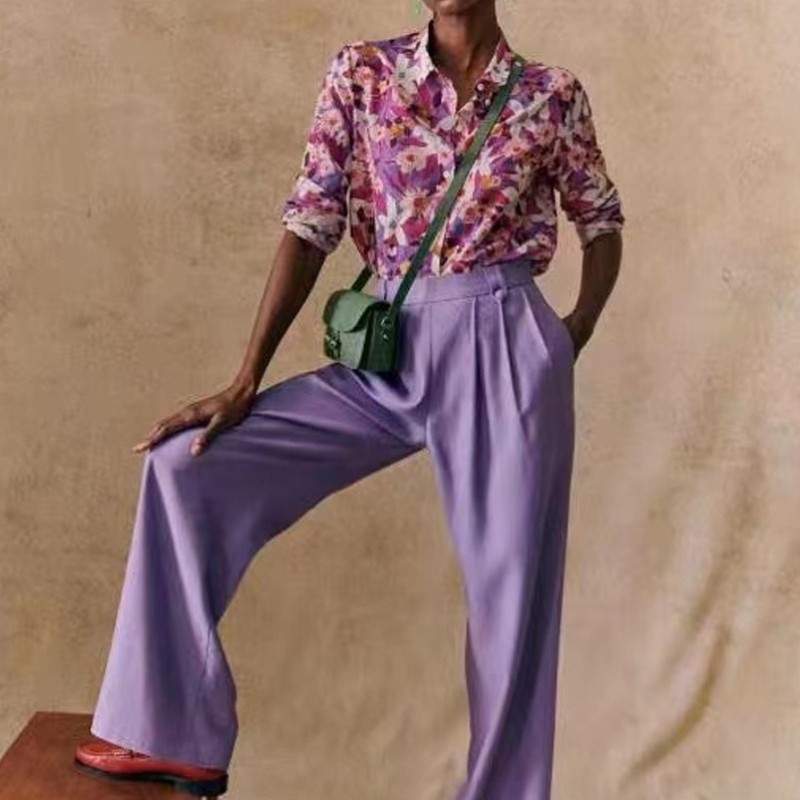 نيو فرنسي الأنيق النمط المطبوع يتدفق من الحرير والقطن مزج قميص رفيع طويل الأكمام