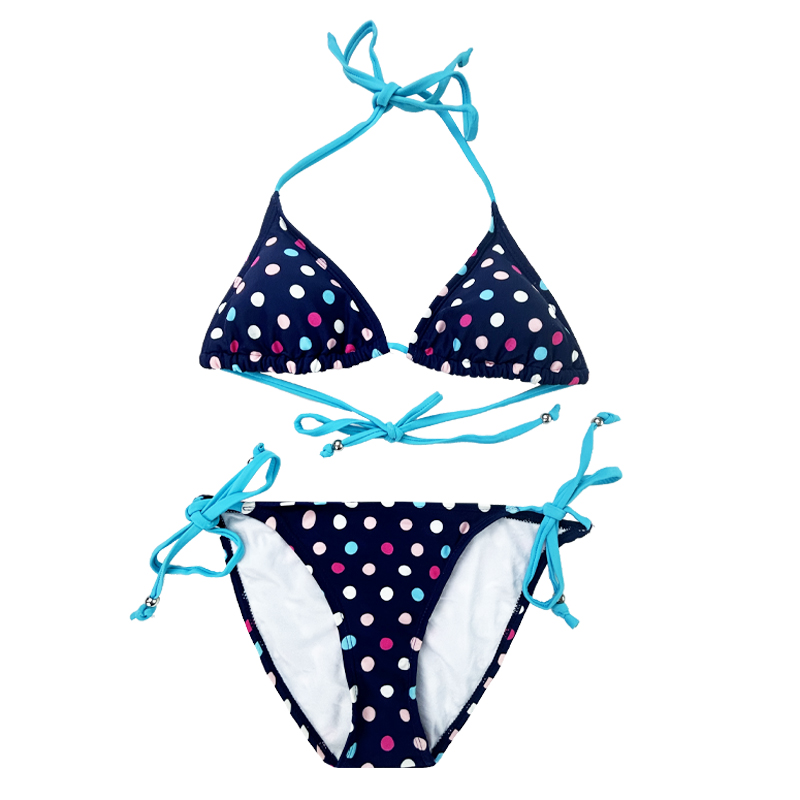 Navy Blue Multicolor Polka Dot Halter Slute Swimsuit من قطعتين